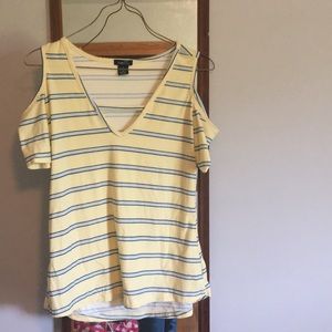 baby yellow, blue and white striped cold shoulder